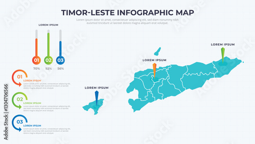 Infographic Map of Timor-Leste. Timor-Leste country map infographic colored vector template with regions and pointer marks.