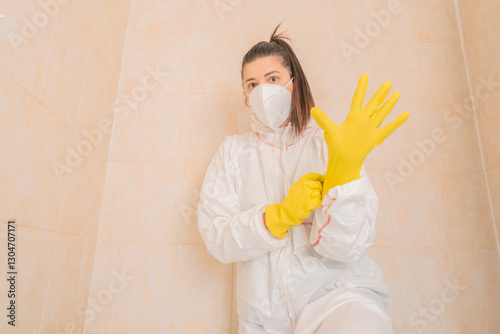 A specialist in a protective suit and mask holds a mold remover. Cleaning expert disinfects the bathroom to eliminate mold.