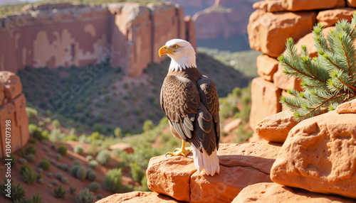 Bald eagle observing canyon landscape, nature's majesty