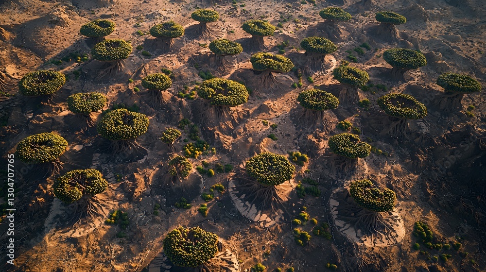 Unique landscape featuring elevated vegetation in arid terrain during sunset hours Unique landscape featuring elevated vegetation in arid terrain during sunset hours