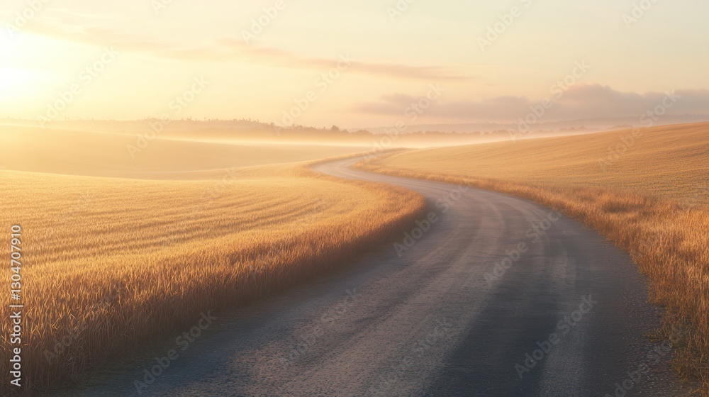 Fototapeta premium Sunrise road curves through misty field