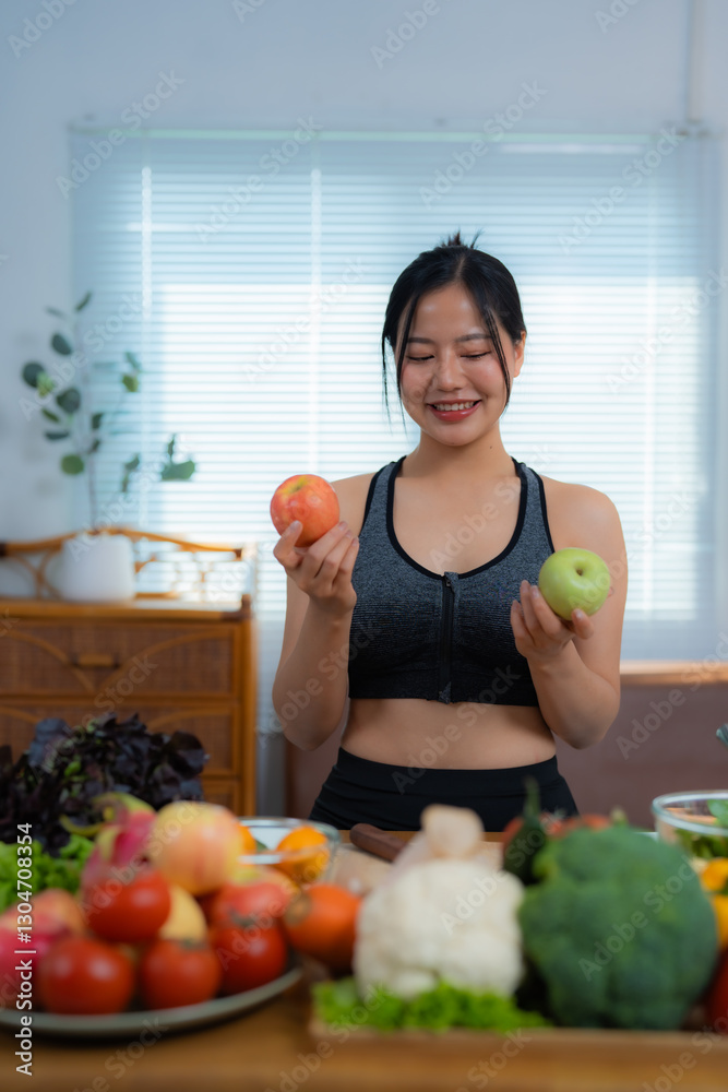 Smiling young woman in sportswear is comparing a red apple and a green apple, standing at a table full of fresh fruits and vegetables, promoting a healthy lifestyle and balanced diet Smiling young woman in sportswear is comparing a red apple and a green apple, standing at a table full of fresh fruits and vegetables, promoting a healthy lifestyle and balanced diet