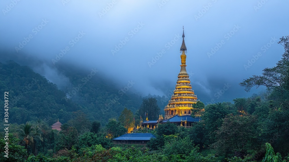Naklejka premium Illuminated pagoda nestled in misty mountain valley at dawn.