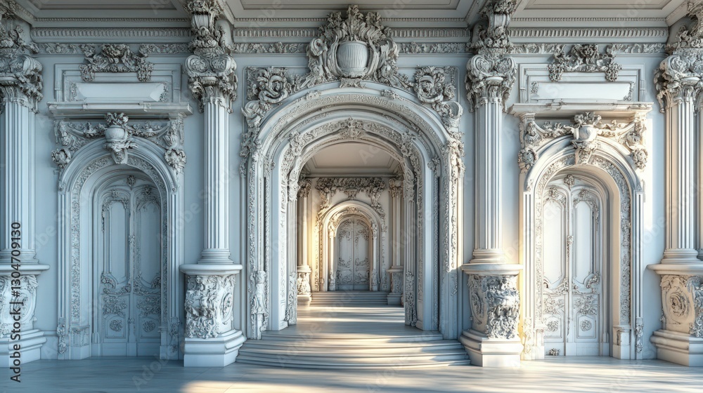 Obraz premium Elegant white palace hallway ornate arches sunlight