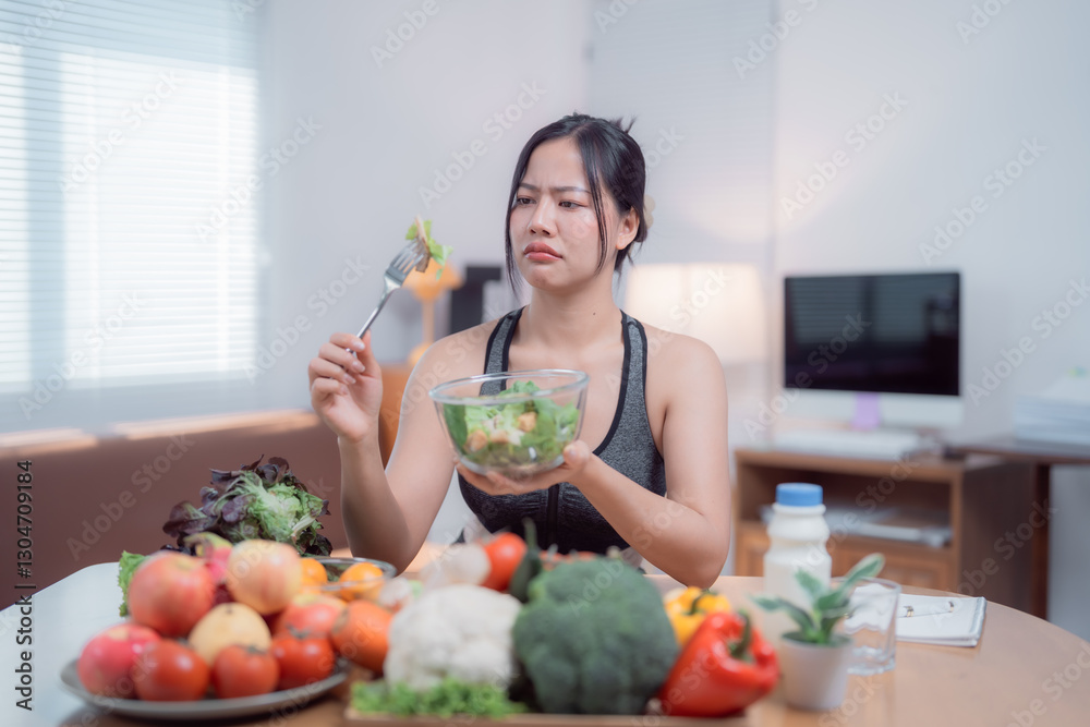 Young woman with an unhappy expression eating a salad at home, surrounded by fresh vegetables and fruits, while following a strict diet plan for weight loss and a healthy lifestyle Young woman with an unhappy expression eating a salad at home, surrounded by fresh vegetables and fruits, while following a strict diet plan for weight loss and a healthy lifestyle
