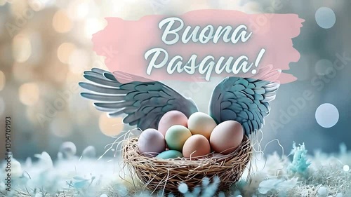 Buona Pasqua animated text, Italian happy easter greeting card with angel wings and basket