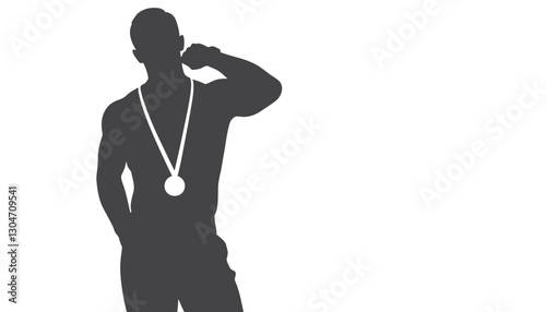 Silhouetted athlete with medal posing against white background