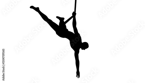 Silhouette of acrobat performing aerial routine against white background