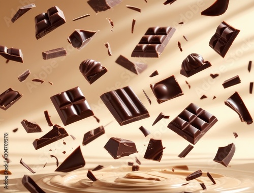 Beige background with flying pieces of chocolate for a special celebration of the day of your favorite treat
