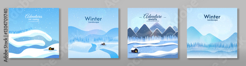 Vector illustration. Set of flat winter landscape card. Snowy backgrounds. Snowdrifts. Snowfall. Clear blue sky. Blizzard. Snowy weather. Design for card, banner, web.