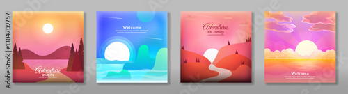 Set of banners, flat style landscape. Vector illustration. Sunset and sunshine landscape. Design for banner, postcard, banner, cover. 