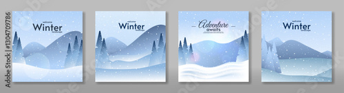 Vector illustration. Set of flat winter landscape card. Mountains landscape, snowy backgrounds. Snowdrifts. Snowfall. Clear blue sky. Blizzard. Snowy weather. Design for card, banner, web.