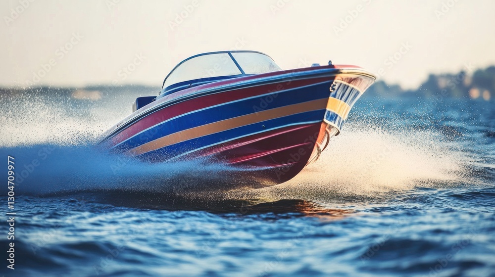 Fototapeta premium Vibrant Speedboat Skimming Across Waves in Early Morning Light
