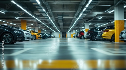underground parking structure illuminated by fluorescent lights featuring parked vehicles in a symmetrical and organized arrangement
