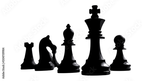 Silhouette of chess pieces in black against white background