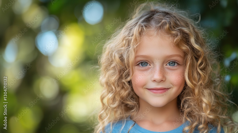 Smiling caucasian female child with curly hair in nature setting. Smiling caucasian female child with curly hair in nature setting.