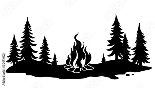 Silhouette of a campfire surrounded by pine trees