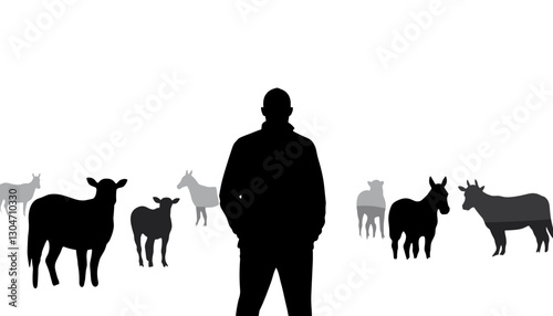 Silhouette of a person standing among farm animals