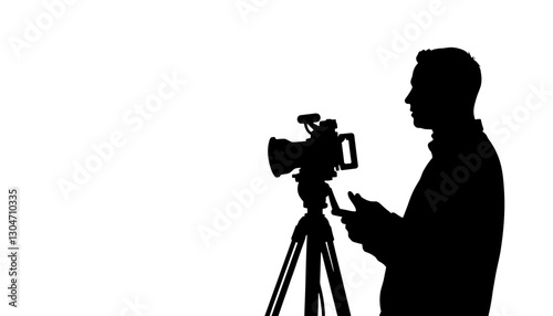 Silhouette of photographer adjusting camera on tripod