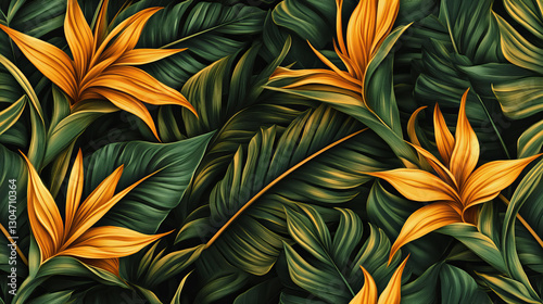 Lush tropical foliage with bird of paradise flowers, deep green leaves, and elegant botanical design, ideal for wallpapers, fabric prints, home decor, and nature-inspired creative projects