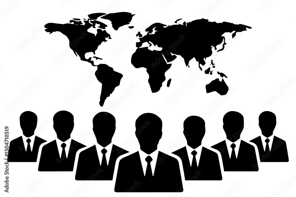 Silhouetted Business Team Silhouettes Over World Map Background Emphasizing Global Connection Silhouetted Business Team Silhouettes Over World Map Background Emphasizing Global Connection