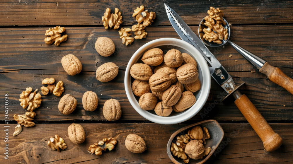 walnuts and nutcracker on wooden table