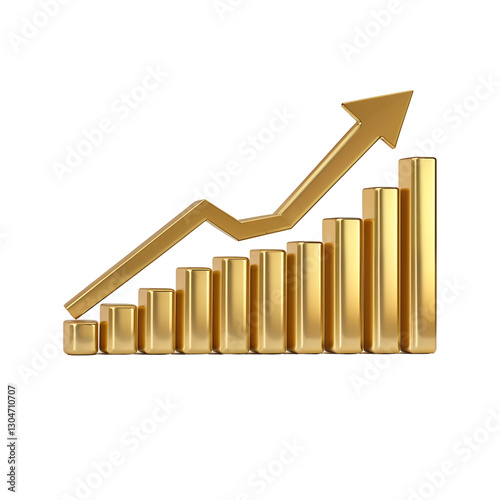 Gold Bar Chart PNG 3D Rendering with Upward Arrow Shiny Metallic Texture Representing Financial Growth Investment and Wealth Accumulation