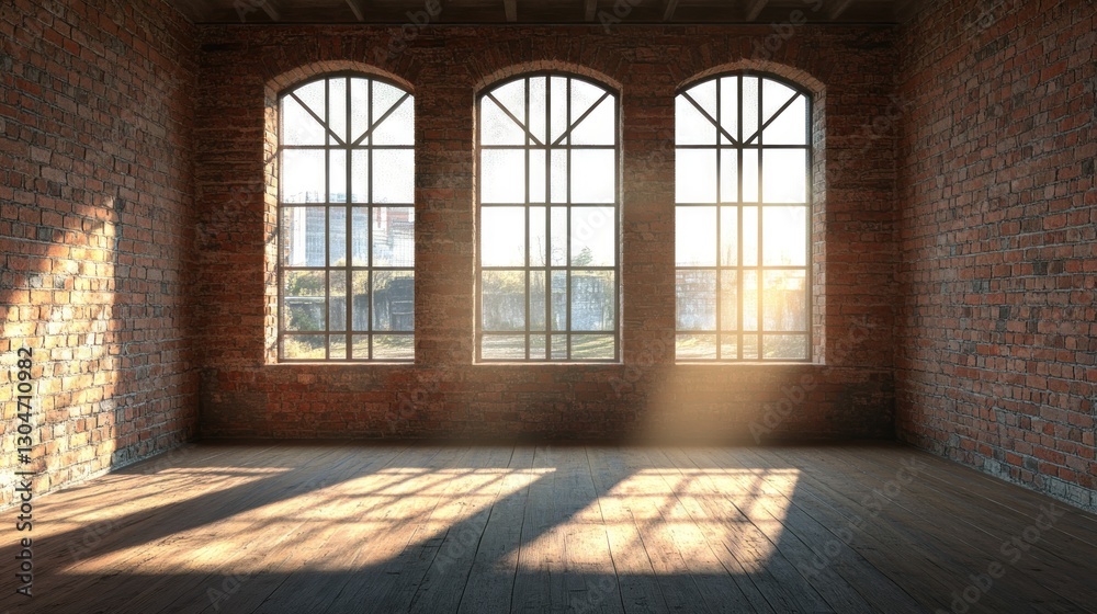 Empty loft industrial space with large arched windows, sunlight streaming in, casting shadows on wooden floor. Empty loft industrial space with large arched windows, sunlight streaming in, casting shadows on wooden floor.