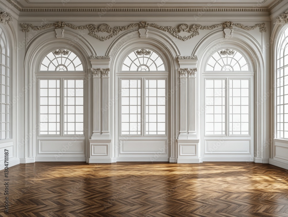 Elegant interior with arched windows and herringbone floor showcasing classic architecture and bright natural light creating a serene and sophisticated ambiance
