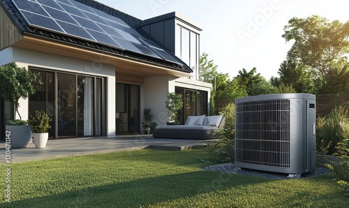 Wallpaper Mural Heat pump next to the house and solar panels on the roof. The concept of an energy-efficient home Torontodigital.ca