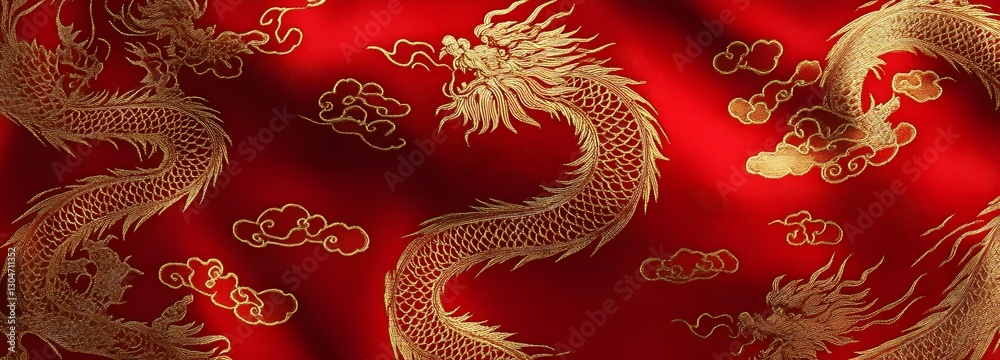 A luxurious silk brocade pattern with finely woven golden dragon motifs on deep red fabric A luxurious silk brocade pattern with finely woven golden dragon motifs on deep red fabric