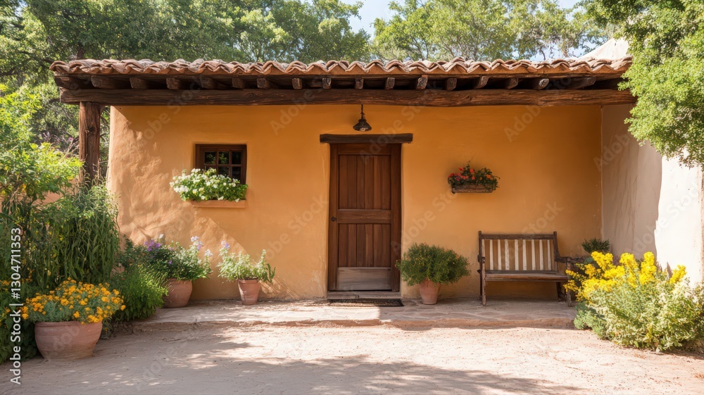 Fototapeta premium Rustic Adobe House with Vibrant Flower Garden