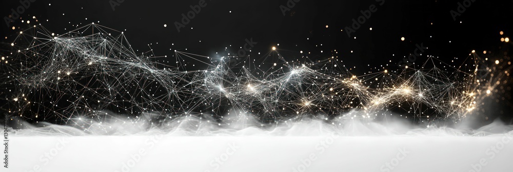 Glowing network nodes above misty white ground
