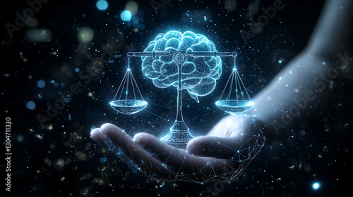 Futuristic Blue Brain on Scales in Hand Symbolizing Justice Intelligence Law Ethics Balance Technology Vision