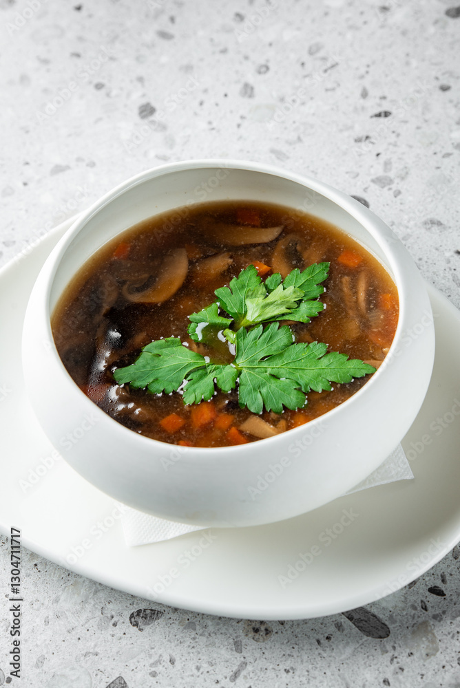 A bowl of rich, steaming soup with mushrooms and vegetables, garnished with fresh parsley, served on a minimalist plate against a textured gray background. A bowl of rich, steaming soup with mushrooms and vegetables, garnished with fresh parsley, served on a minimalist plate against a textured gray background.