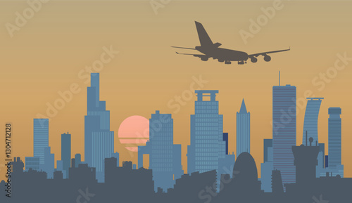 Airliner flies over skyscrapers. Vector.