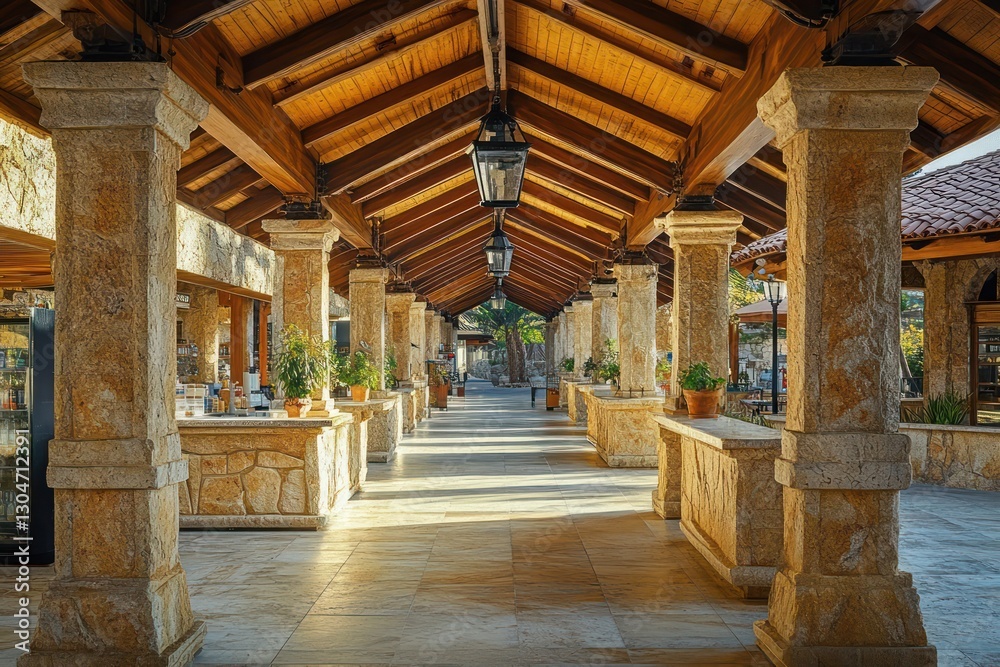 A serene covered marketplace with natural stone columns, carved wooden roofs, and light softly illuminating marble counters A serene covered marketplace with natural stone columns, carved wooden roofs, and light softly illuminating marble counters