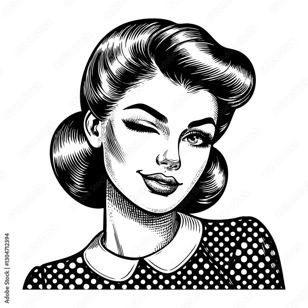 Retro girl wink sketch engraving black and white outline. Scratch board imitation. illustrated in vintage line art style on a white background.