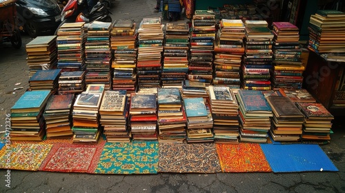 Colorful Stacked Vintage Books Displayed on Market Streets