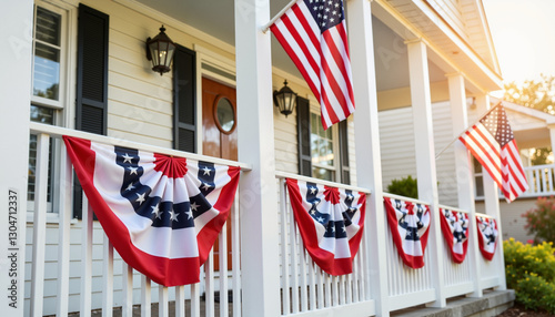 Patriotic decorations adorning front porch in suburban setting, Independence Day