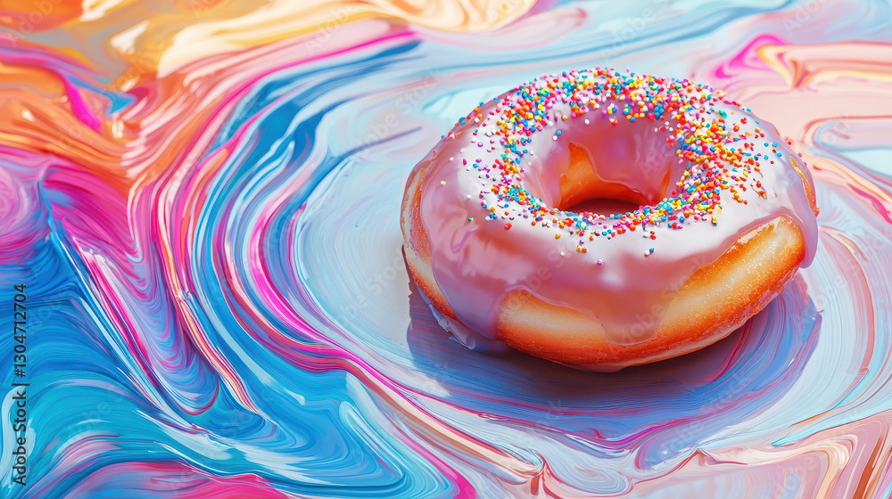 Obraz premium Glazed doughnut with sprinkles on a colorful artist palette displaying modern dessert artistry