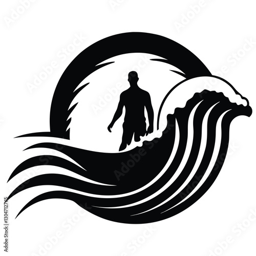 Stylized Ocean Wave Black Silhouette, Minimalist Black Ocean Wave Vector