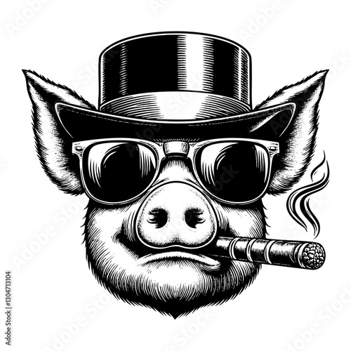 Pig wear sunglases, and top hat while smoking cigar in its mouth engraving black and white outline. Scratch board imitation. illustrated in vintage line art style on a white background.
