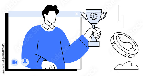 Person holding trophy in video call window, coin flipping beside. Ideal for success, motivation, achievement, celebration, financial reward, virtual events recognition. Flat simple metaphor