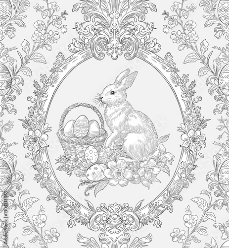 Easter Bunny Basket and Eggs Spring Elegant Seamless Pattern for Fabrics, Wallpapers and Packaging