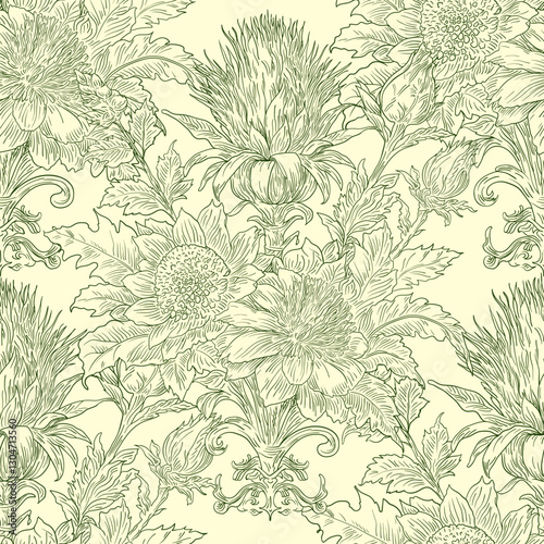 Burdock Floral Seamless Pattern: Elegant Vector Illustration for Fabrics, Wallpapers, and Packaging Design