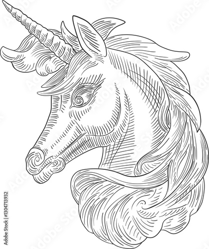 Engraved Unicorn Vintage Ink Drawing Line Art in Vintage style