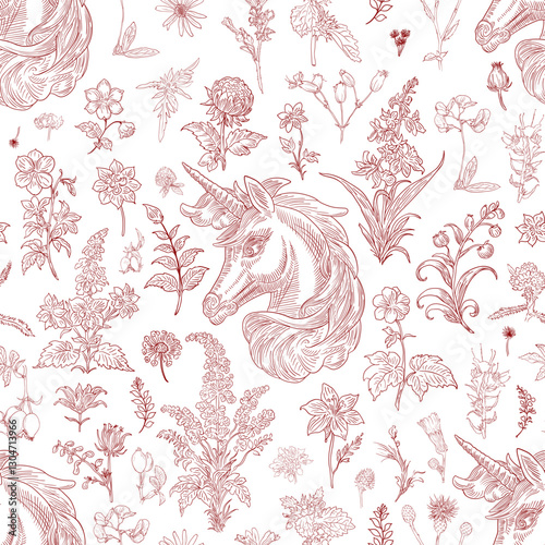 Floral and Unicorn Seamless Pattern: Elegant Vector Illustration for Fabrics, Wallpapers, and Packaging Design