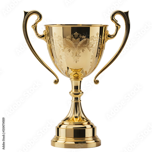 Golden Trophy Cup PNG with Ornate Handles Engraved Details Polished Metal Tall Stem and Wide Base Symbolizing Victory and Achievement in Sports and Competitions