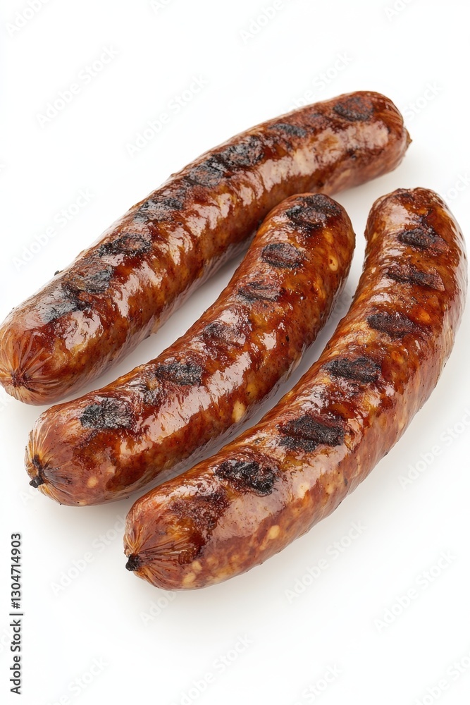 Three grilled sausages on a white background showcasing their juicy texture and delicious smoky grill marks perfect for culinary projects Three grilled sausages on a white background showcasing their juicy texture and delicious smoky grill marks perfect for culinary projects